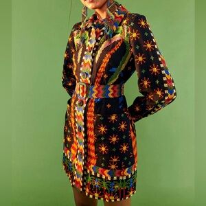 FARM Rio Black Multicolor Long Sleeve Embroidered Mini Dress